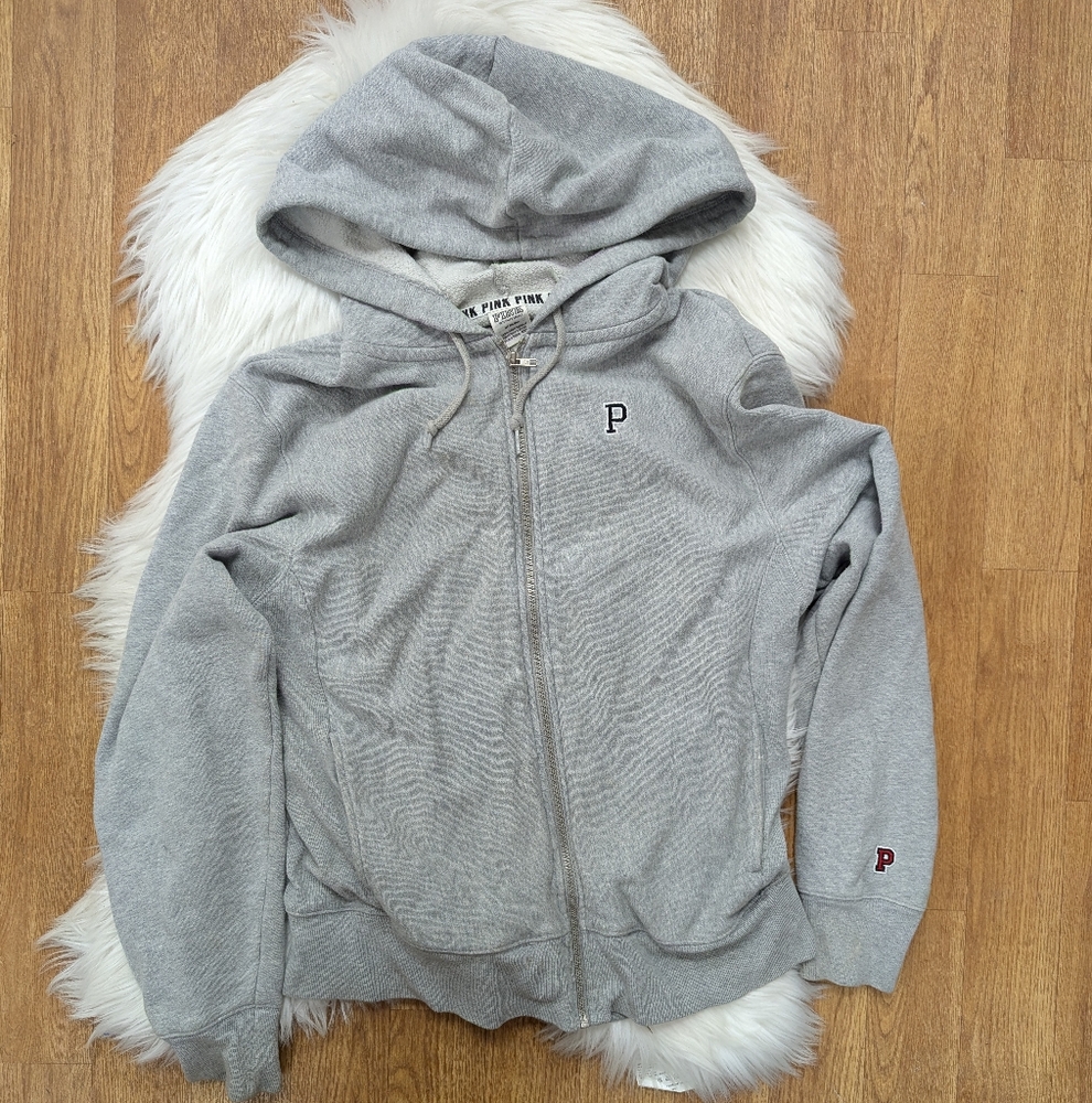 PINK Victoria's Secret P Logo Heavy Zip Up Hoodie Gray